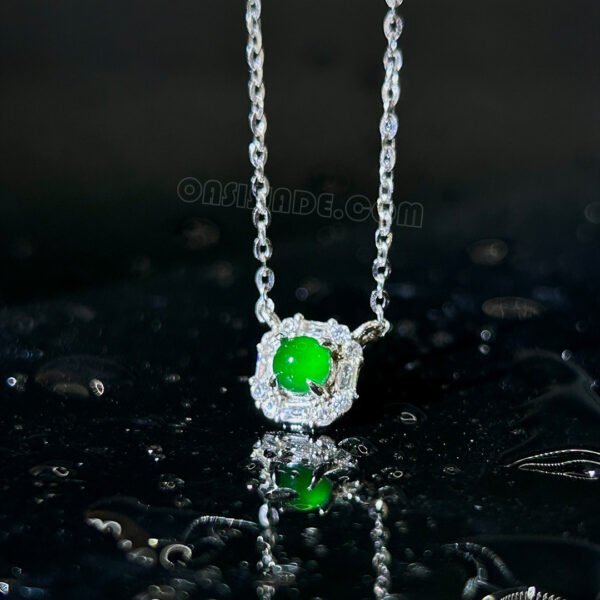 Silver Inlaid Emerald Green Cabochon Pendant Green Jade Necklace Wedding Jewelry